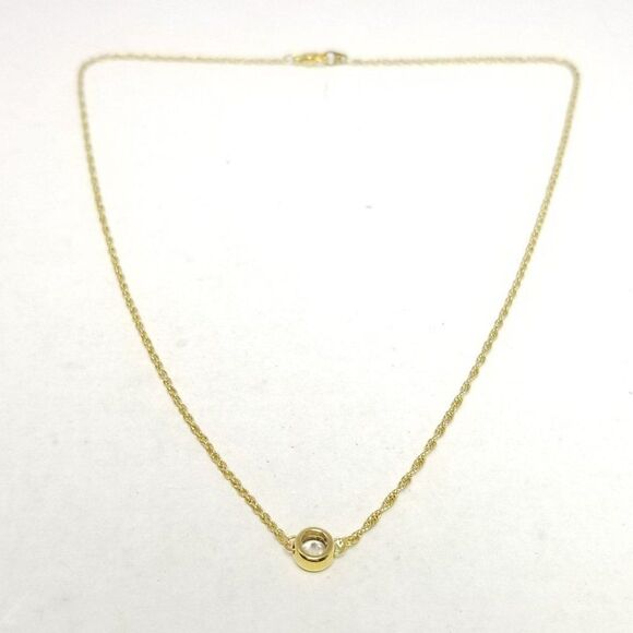 Vintage Solitaire Rhinestone Pendant Necklace, Gold Tone Chain, Minimal Sparkle - Picture 3 of 7